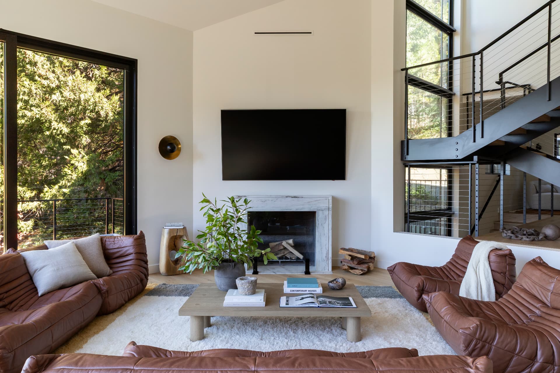 Living room seating beside the fireplace